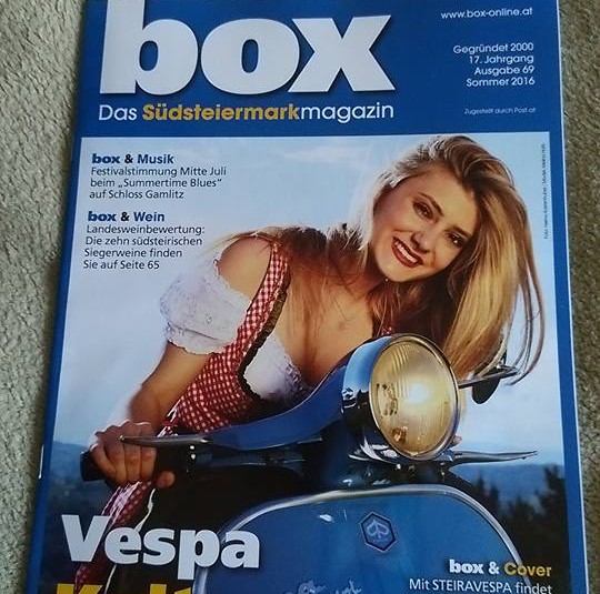 Steira Vespa auf der Titel Seite der BOX – Das Südsteiermark Magazin